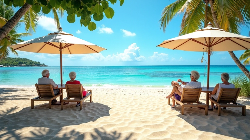 Playa tranquila con sombrillas accesibles y área de descanso para visitantes mayores