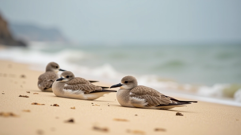 Vida silvestre costera: aves marinas descansando en arena de playa protegida