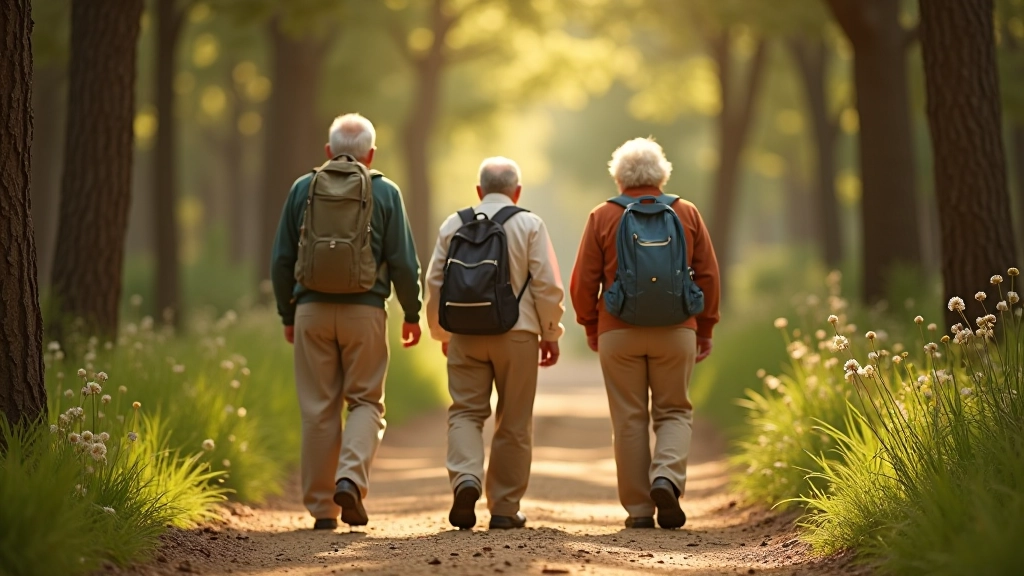 Grupo de adultos mayores caminando juntos en un sendero sombreado con vegetación densa a ambos lados