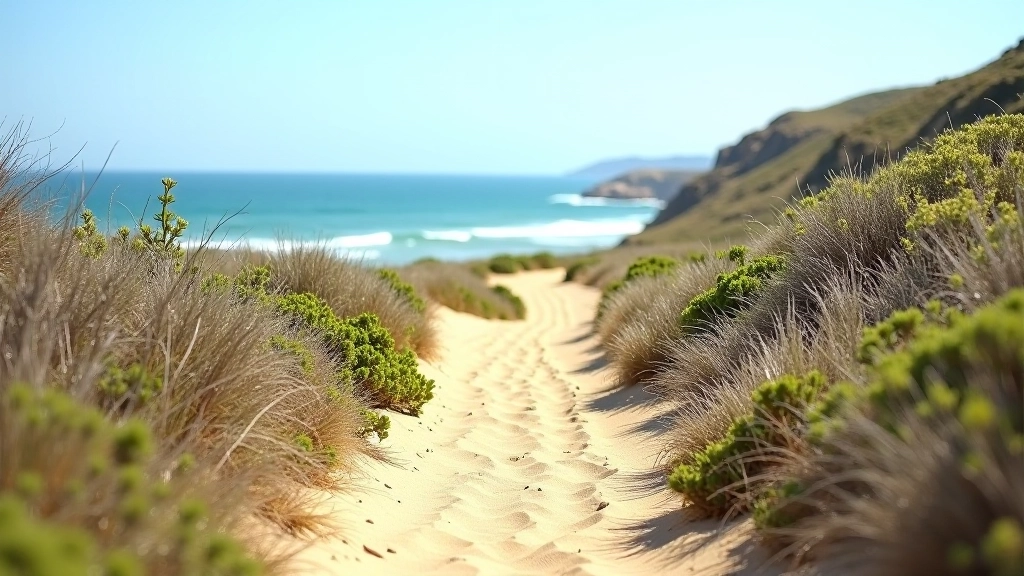 Sendero natural bordeando la playa con vistas al océano y vegetación autóctona