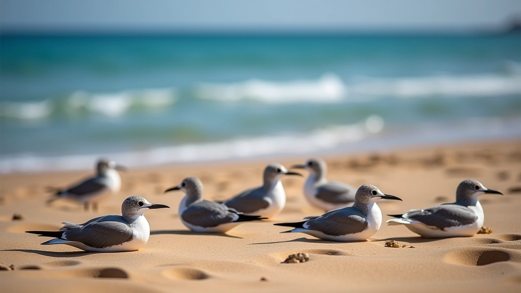 Aves marinas descansando en la playa de arena