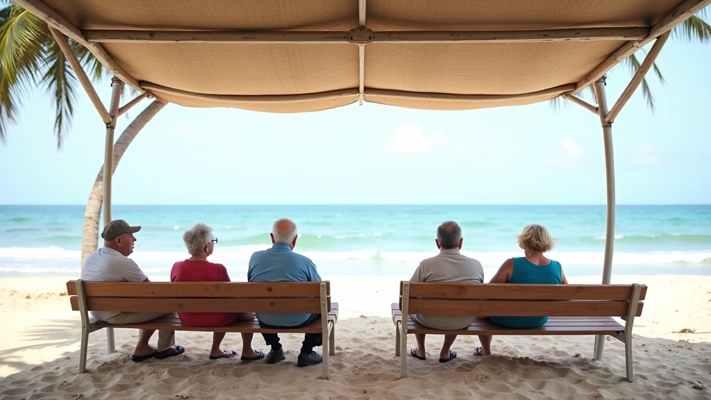 Grupo de personas mayores descansando en área sombreada cerca de la playa