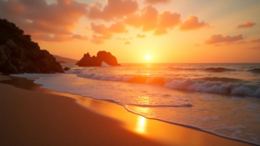 Puesta de sol sobre el océano en playa virgen de reserva natural protegida con arena dorada