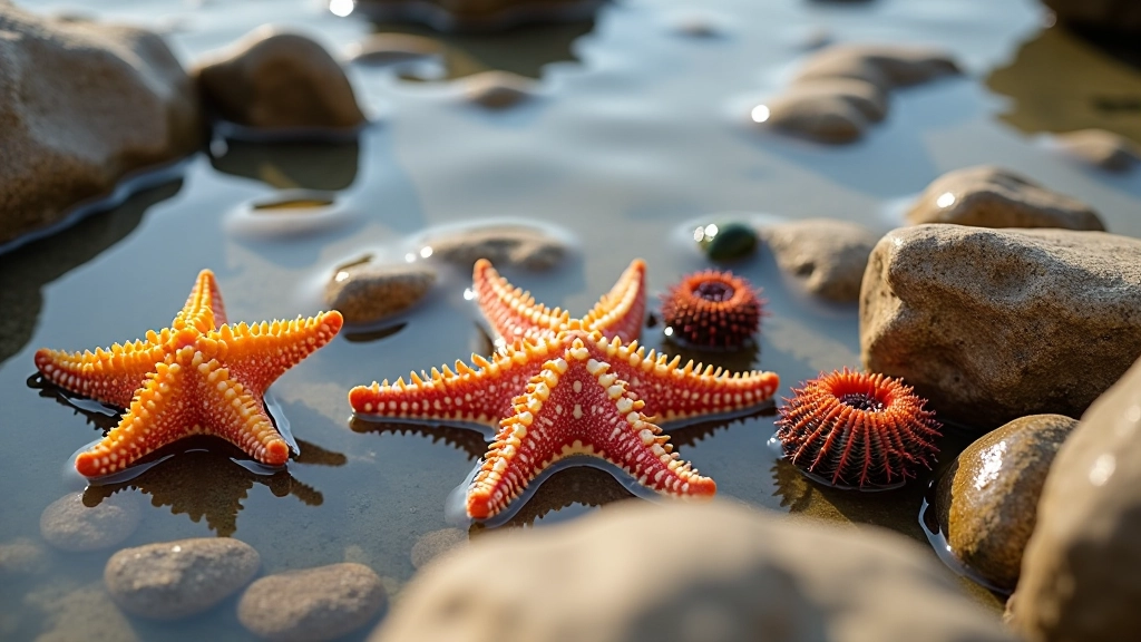 Vida marina en rocas costeras: estrellas de mar, erizos y cangrejos en su hábitat natural