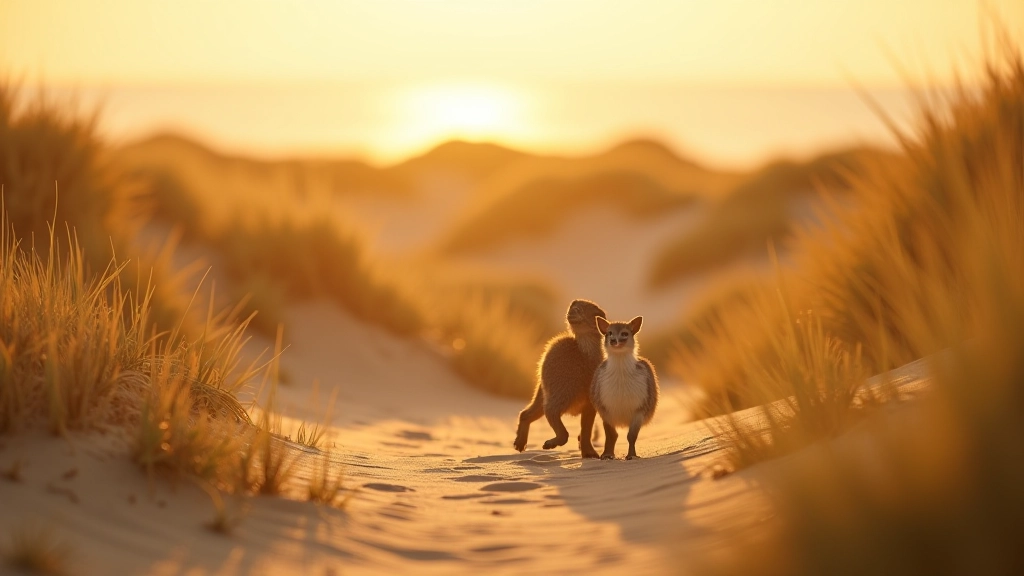 Vida silvestre en dunas costeras incluyendo aves y pequeños mamíferos en su hábitat natural